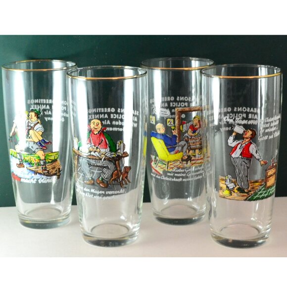 Set Of 4 Glasses German Figures With Sayings Air Force Police Wiesbaden Germany - Picture 1 of 11